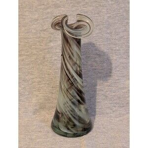 Vintage 1970s Hand Blown Swirl Ribbon Glass Vase Brown White 6.5" t x 2.5" dia